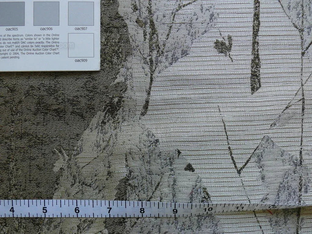 High end 100% Silk Lampas Withered Leaf Birch Forest "pewter" Silver