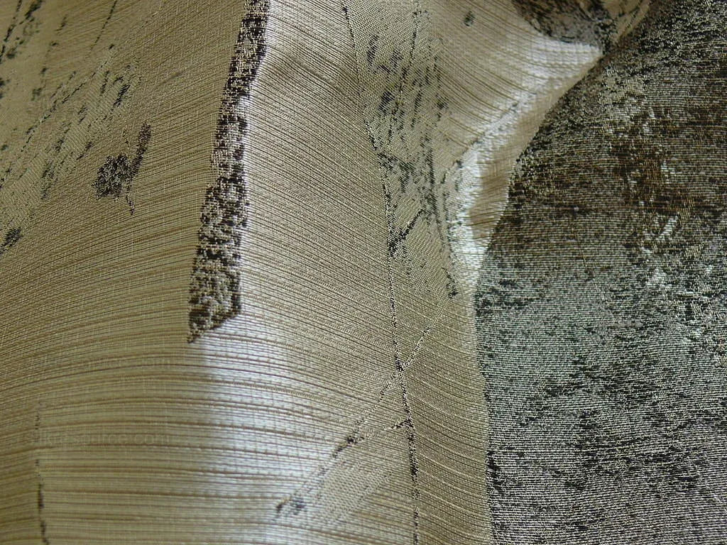 High end 100% Silk Lampas Withered Leaf Birch Forest "pewter" Silver