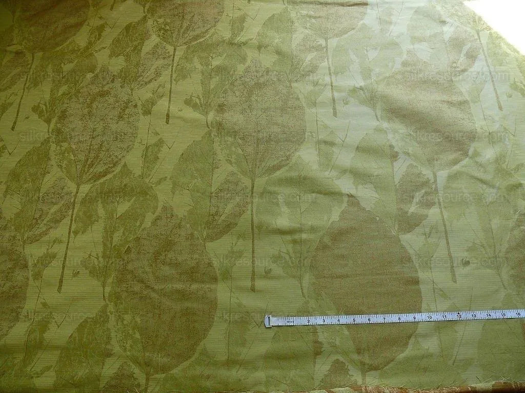 by yard High end 100% Silk Lampas Withered Leaf Birch Forest "coin" Green Brown