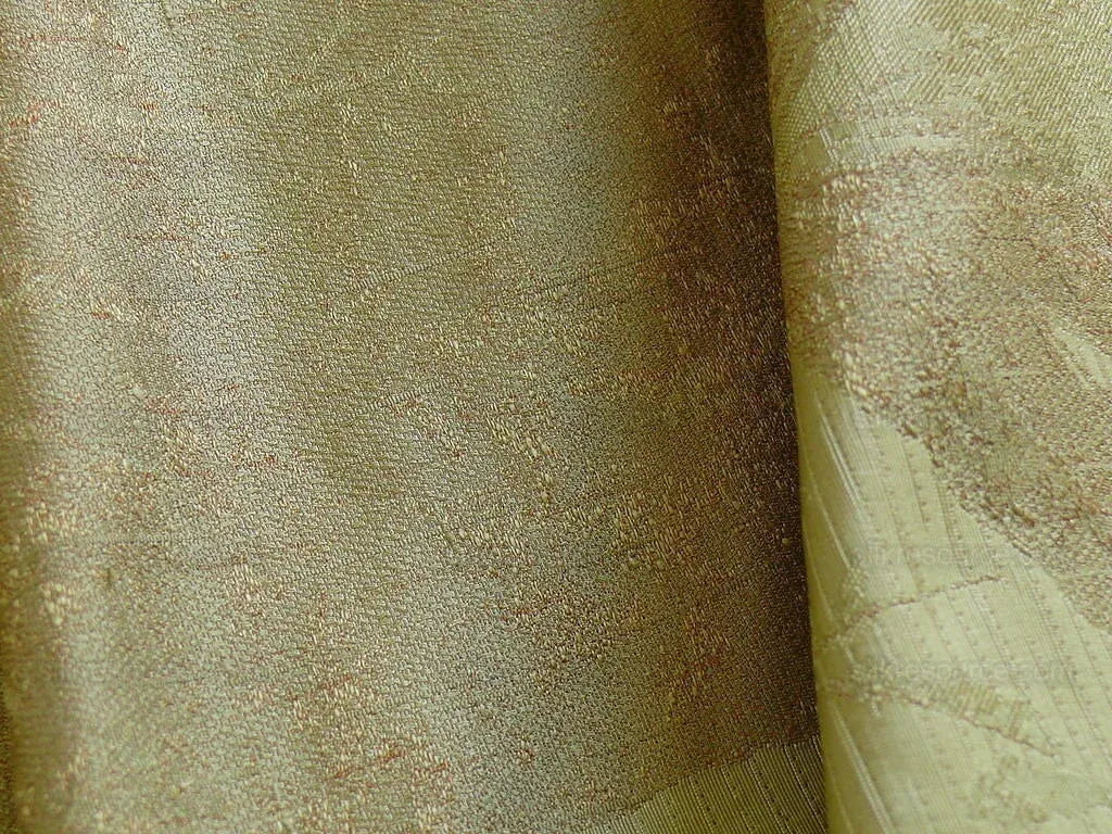 by yard High end 100% Silk Lampas Withered Leaf Birch Forest "coin" Green Brown