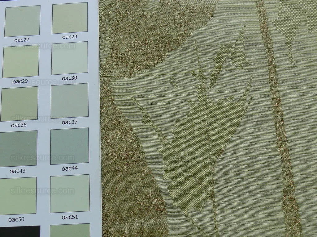 by yard High end 100% Silk Lampas Withered Leaf Birch Forest "coin" Green Brown