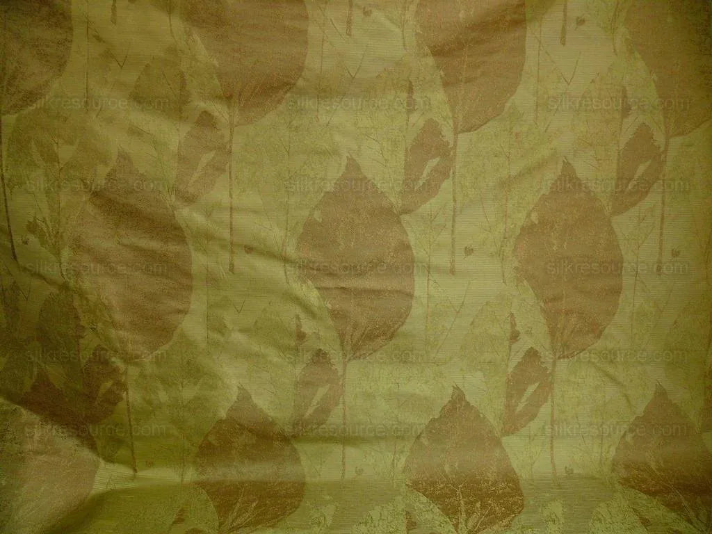 by yard High end 100% Silk Lampas Withered Leaf Birch Forest "coin" Green Brown
