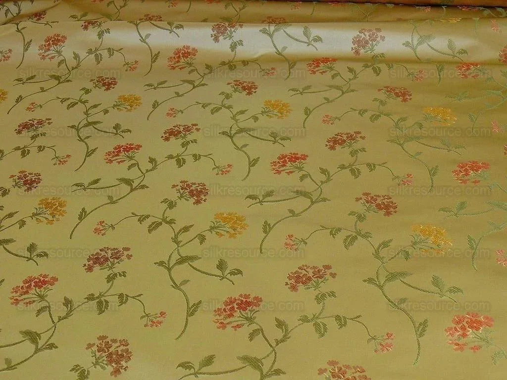 by yard 100% Silk Lampas Sage Blossom Sprig "monarch" Light Green/gold