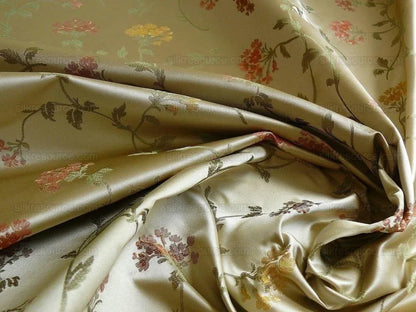 by yard 100% Silk Lampas Sage Blossom Sprig "monarch" Light Green/gold