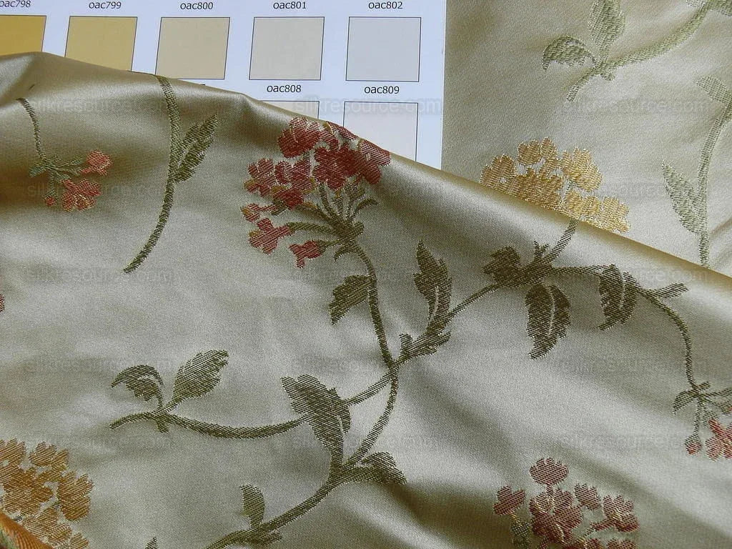 by yard 100% Silk Lampas Sage Blossom Sprig "monarch" Light Green/gold