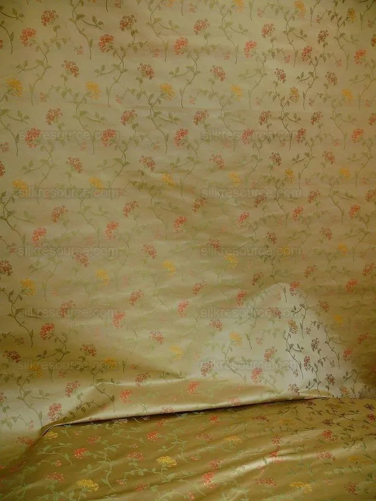 by yard 100% Silk Lampas Sage Blossom Sprig "monarch" Light Green/gold