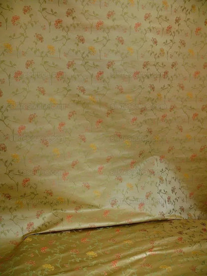 by yard 100% Silk Lampas Sage Blossom Sprig "monarch" Light Green/gold