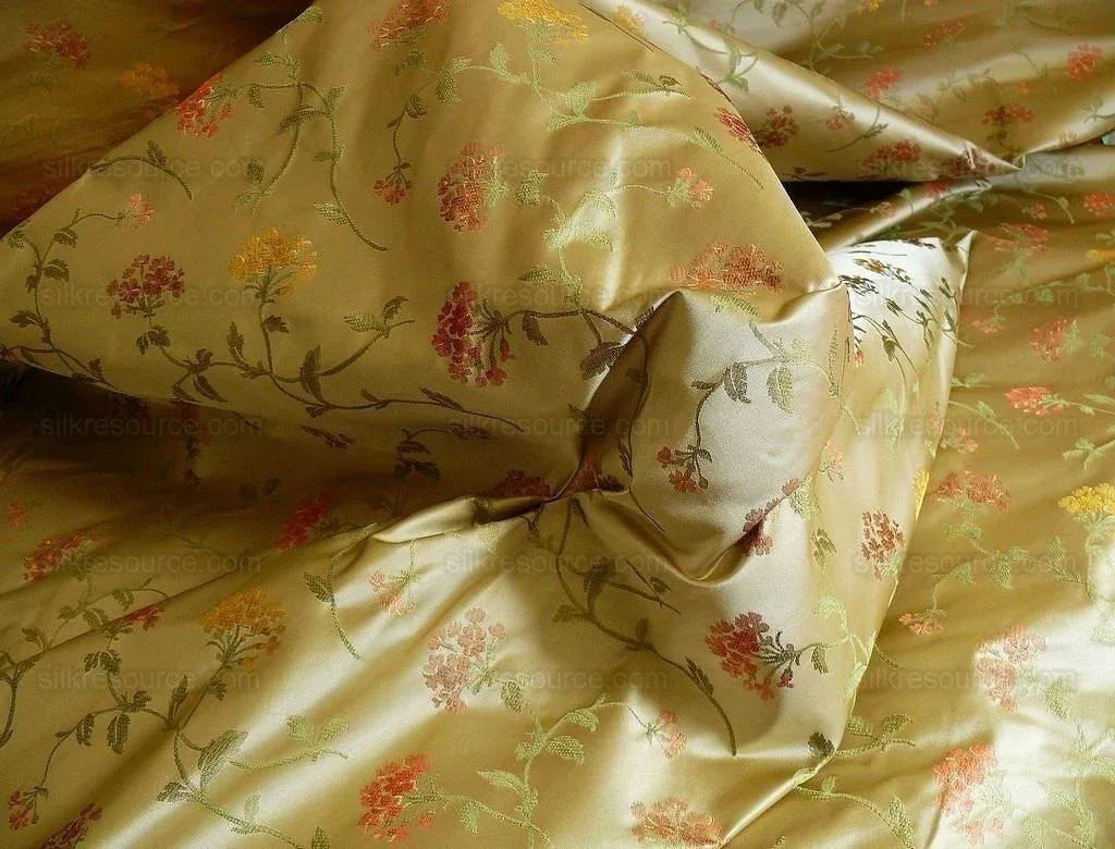 by yard 100% Silk Lampas Sage Blossom Sprig "monarch" Light Green/gold