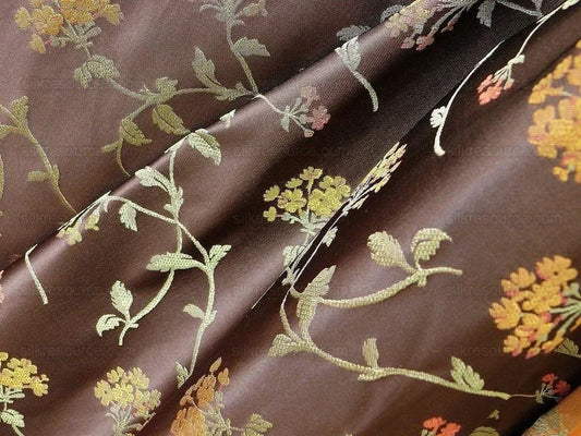 Schumacher 100% Silk Lampas Sage Blossom Sprig "amber" Brown Gold Green