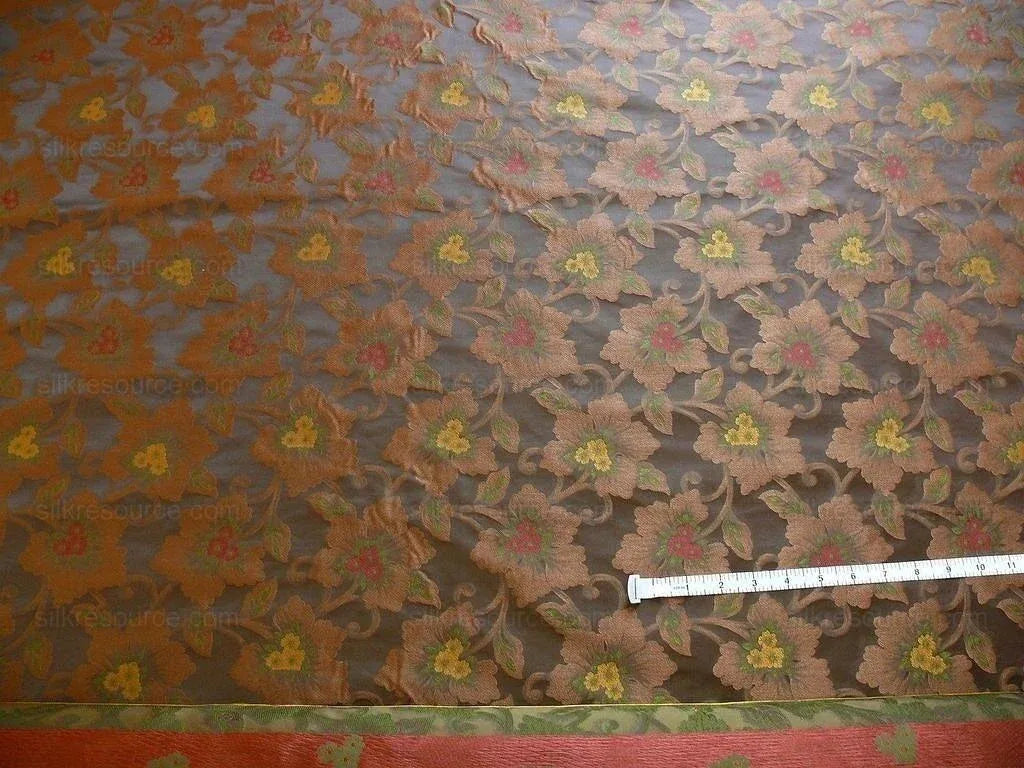 100% Silk Lampas Tri-leaf Flower "sumatra" Brown Red Yellow