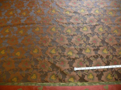 100% Silk Lampas Tri-leaf Flower "sumatra" Brown Red Yellow