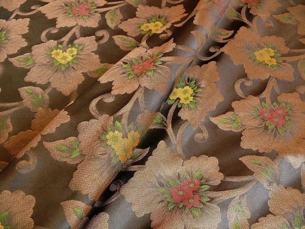 100% Silk Lampas Tri-leaf Flower "sumatra" Brown Red Yellow