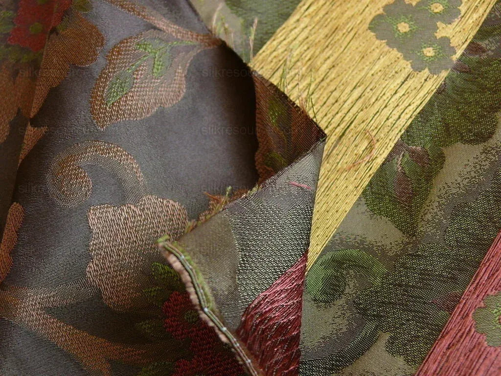 100% Silk Lampas Tri-leaf Flower "sumatra" Brown Red Yellow
