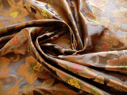100% Silk Lampas Tri-leaf Flower "sumatra" Brown Red Yellow
