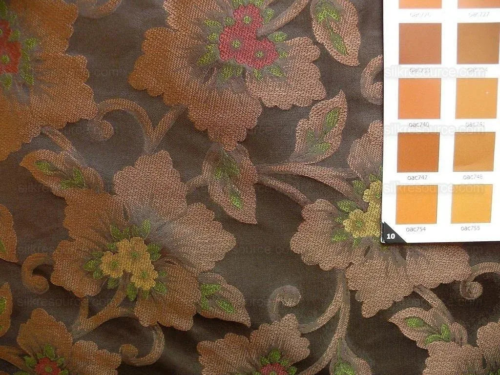100% Silk Lampas Tri-leaf Flower "sumatra" Brown Red Yellow