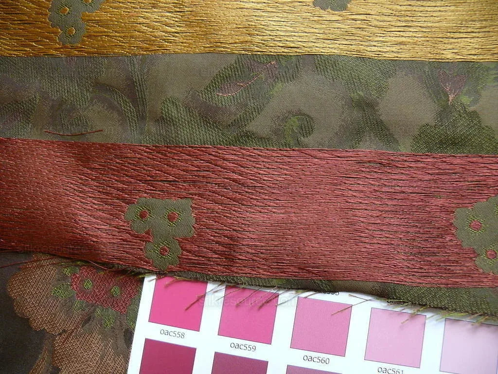 100% Silk Lampas Tri-leaf Flower "sumatra" Brown Red Yellow