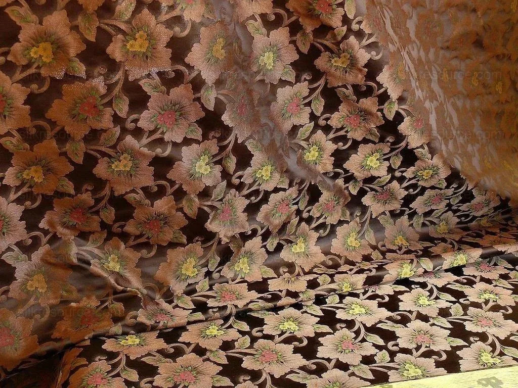 100% Silk Lampas Tri-leaf Flower "sumatra" Brown Red Yellow