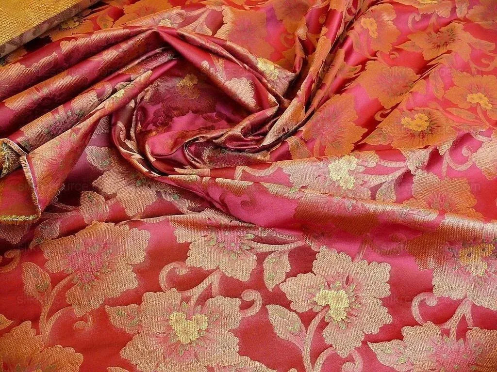 100% Silk Lampas Tri-leaf Flower "mandarin" Red Green Yellow