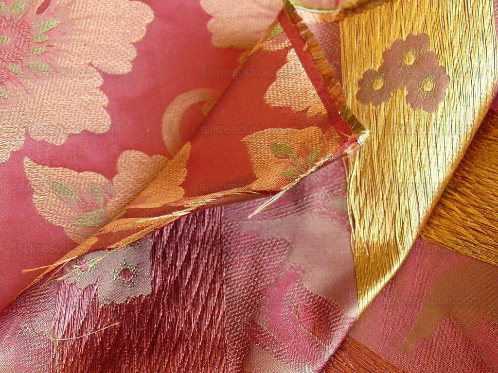 100% Silk Lampas Tri-leaf Flower "mandarin" Red Green Yellow