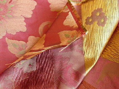 100% Silk Lampas Tri-leaf Flower "mandarin" Red Green Yellow