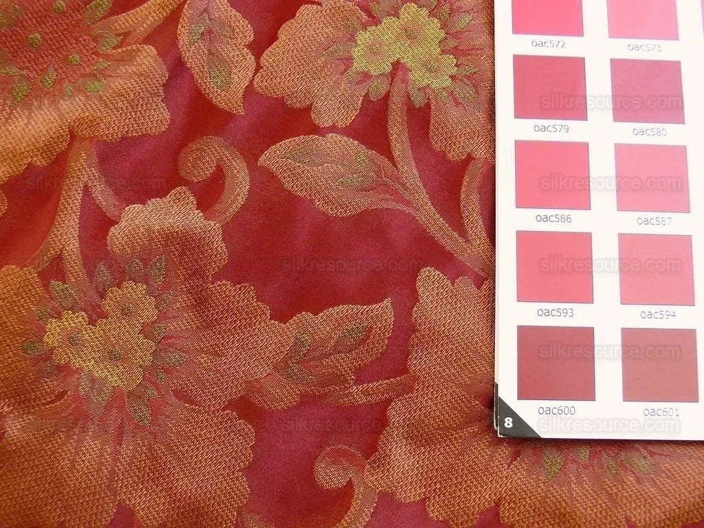 100% Silk Lampas Tri-leaf Flower "mandarin" Red Green Yellow