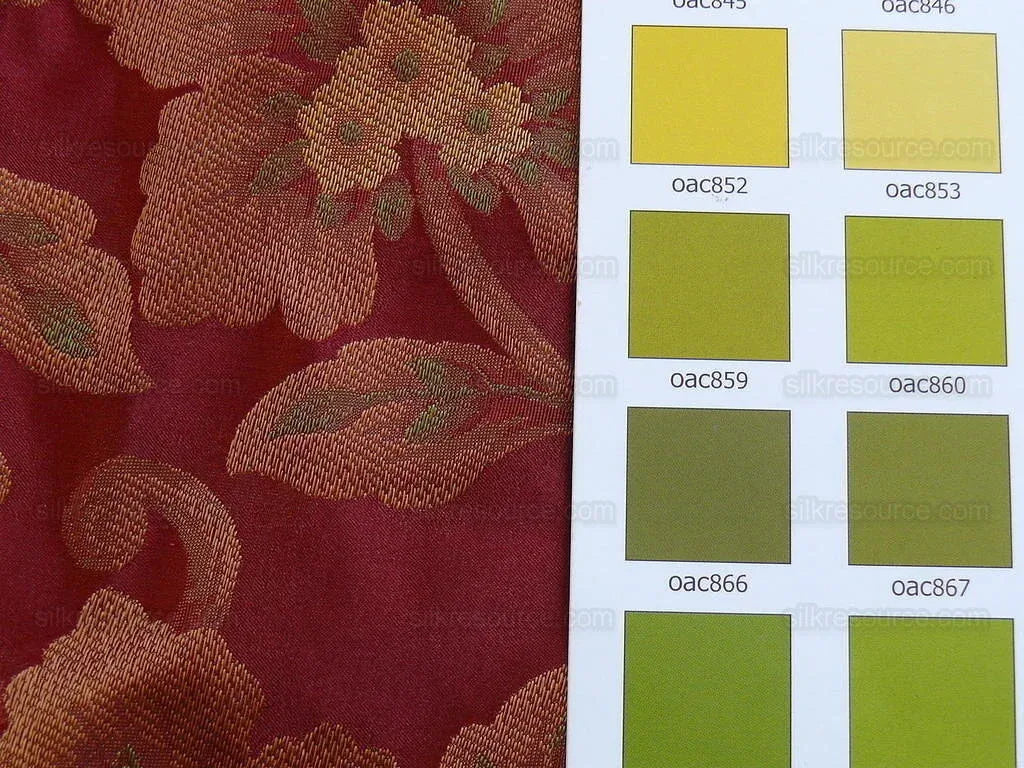 100% Silk Lampas Tri-leaf Flower "mandarin" Red Green Yellow