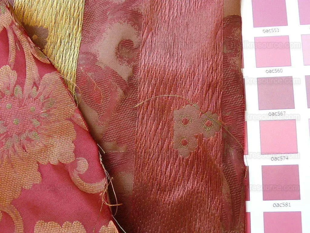 100% Silk Lampas Tri-leaf Flower "mandarin" Red Green Yellow