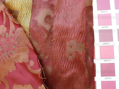 100% Silk Lampas Tri-leaf Flower "mandarin" Red Green Yellow