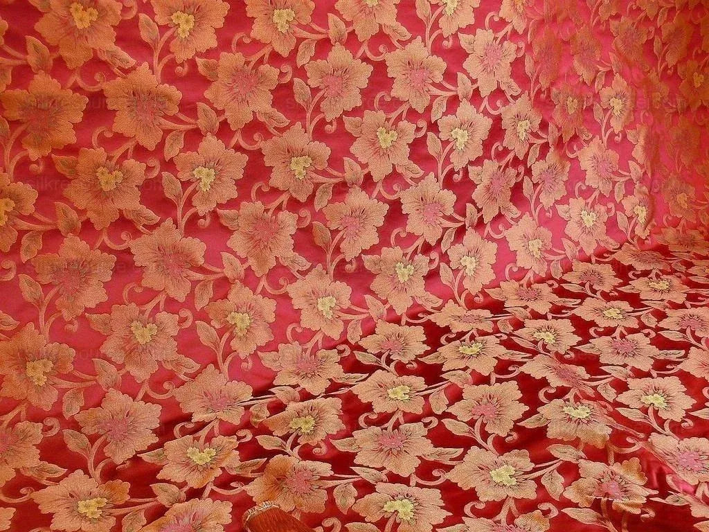 100% Silk Lampas Tri-leaf Flower "mandarin" Red Green Yellow