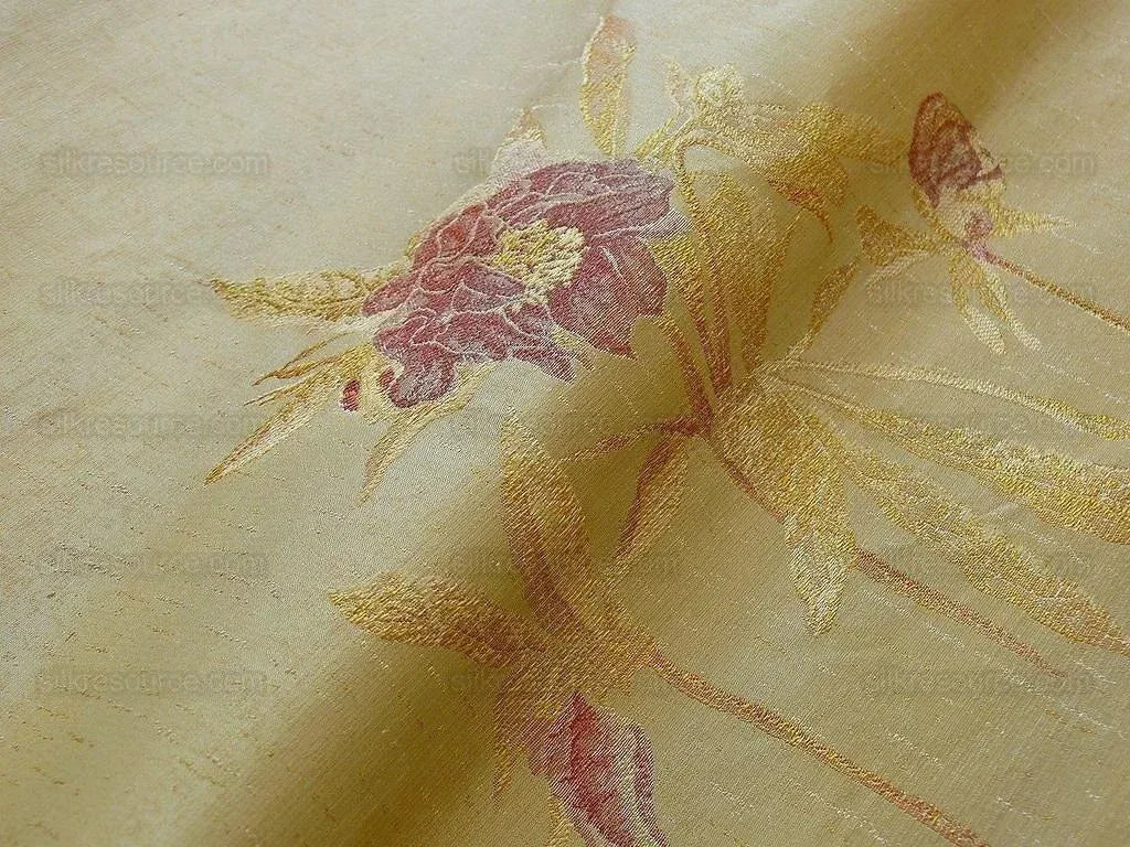 by yard Heavy Silk Lampas Peony Buds In Golden Drizzle Pink&amp; "golden"