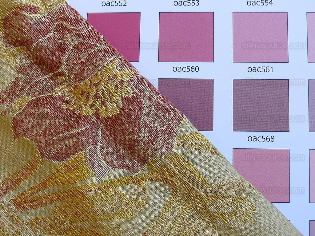 by yard Heavy Silk Lampas Peony Buds In Golden Drizzle Pink&amp; "golden"