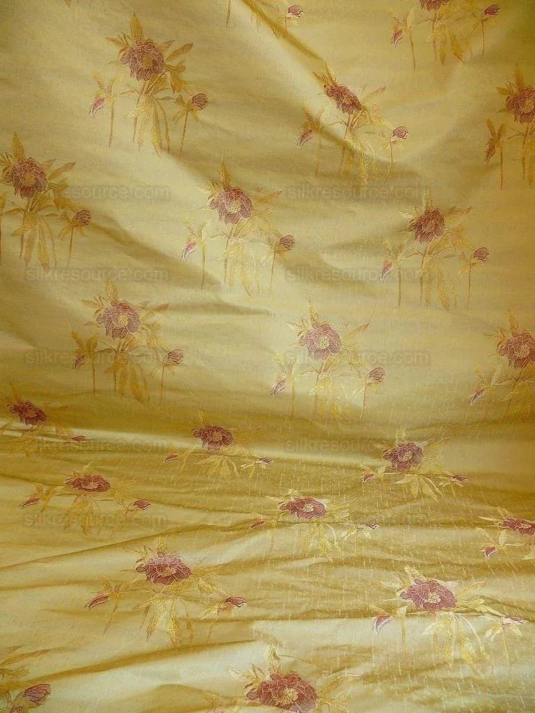 by yard Heavy Silk Lampas Peony Buds In Golden Drizzle Pink&amp; "golden"