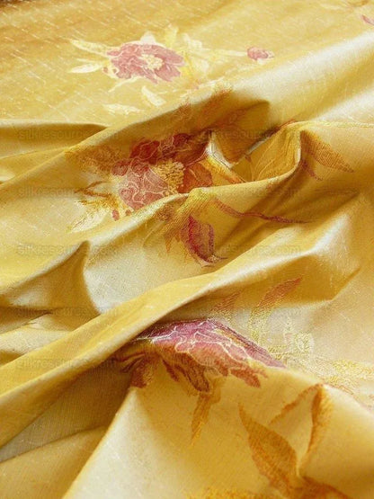 by yard Heavy Silk Lampas Peony Buds In Golden Drizzle Pink&amp; "golden"