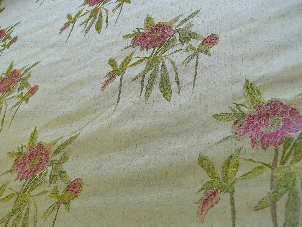by yard Heavy Silk Lampas Peony Buds In Golden Drizzle Pink Carmine
