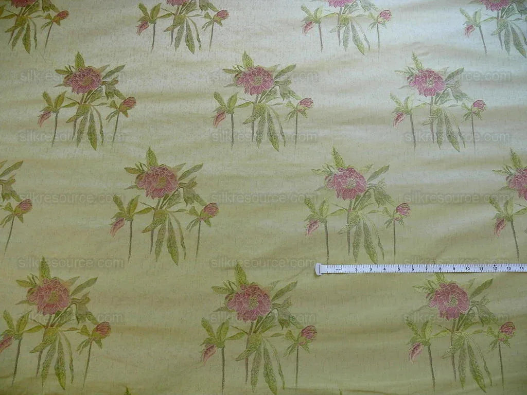 by yard Heavy Silk Lampas Peony Buds In Golden Drizzle Pink Carmine