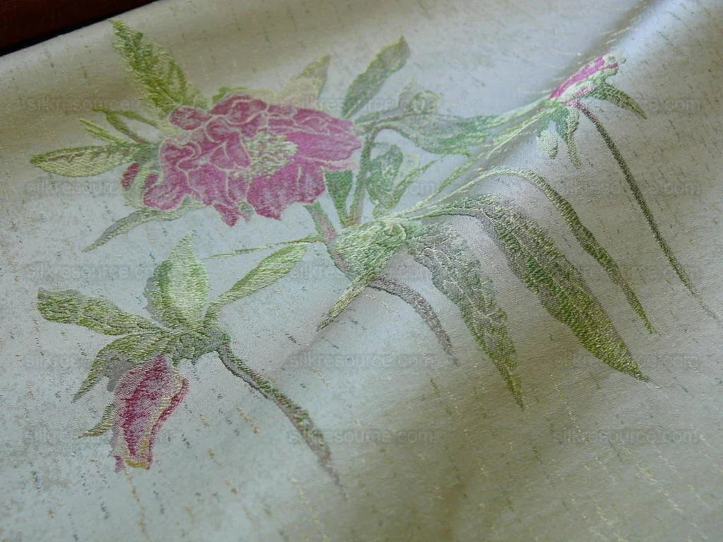 by yard Heavy Silk Lampas Peony Buds In Golden Drizzle Pink Carmine