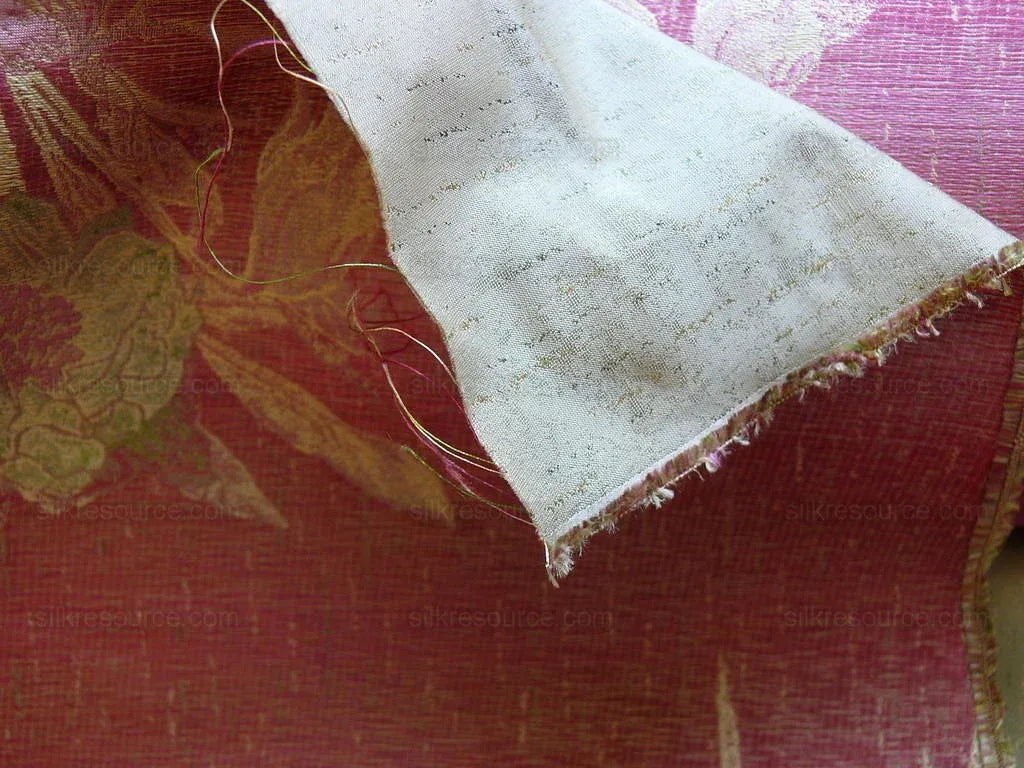 by yard Heavy Silk Lampas Peony Buds In Golden Drizzle Pink Carmine