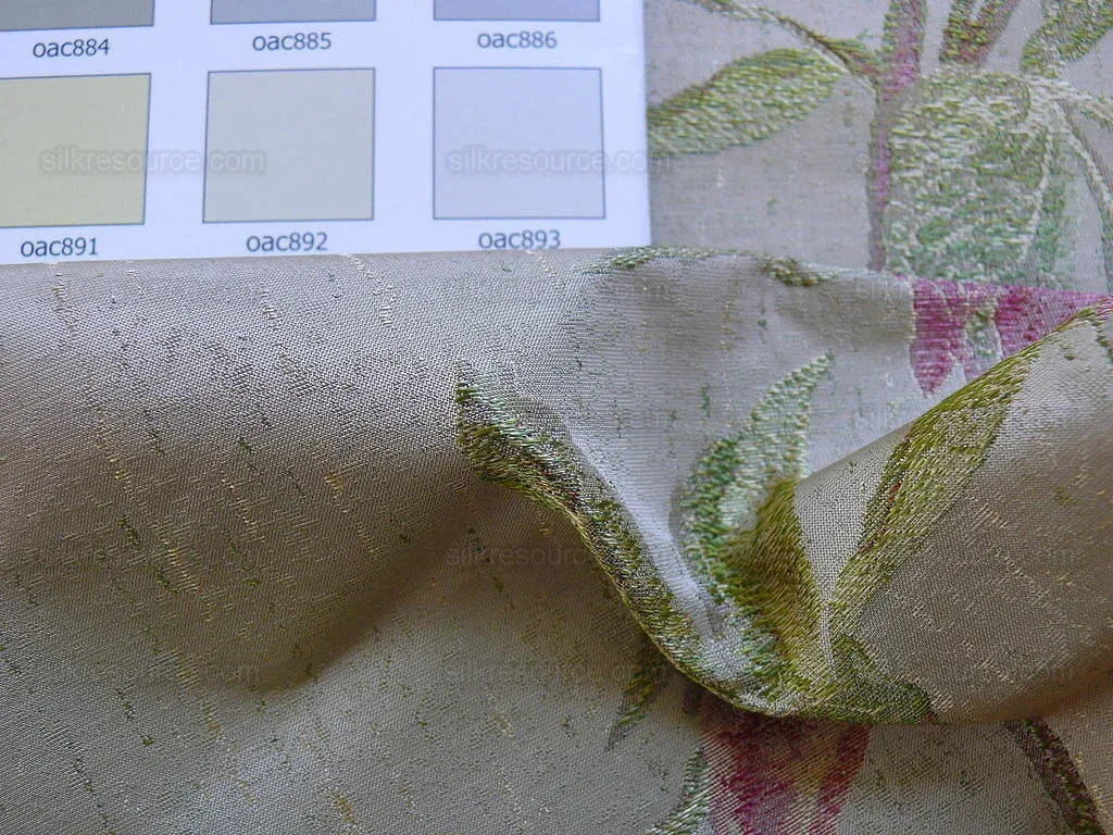 by yard Heavy Silk Lampas Peony Buds In Golden Drizzle Pink Carmine