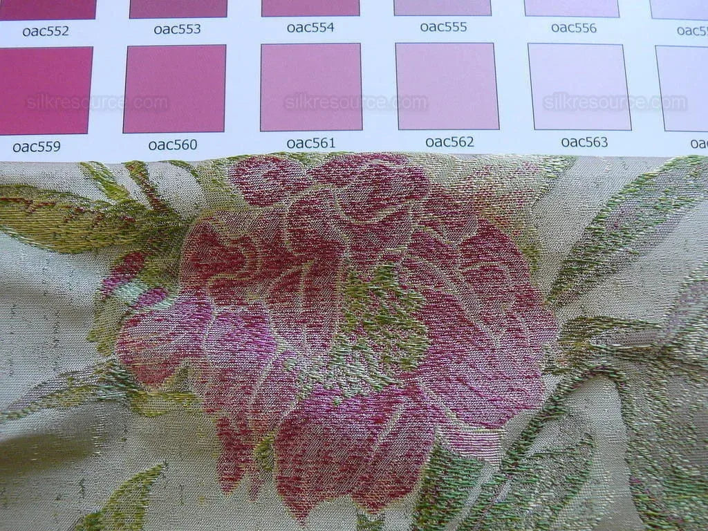 by yard Heavy Silk Lampas Peony Buds In Golden Drizzle Pink Carmine