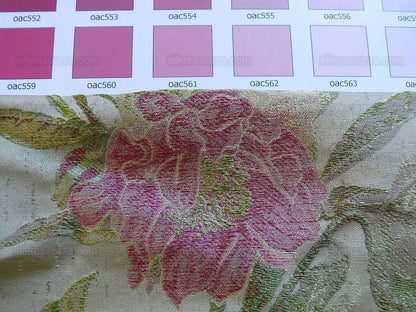 by yard Heavy Silk Lampas Peony Buds In Golden Drizzle Pink Carmine