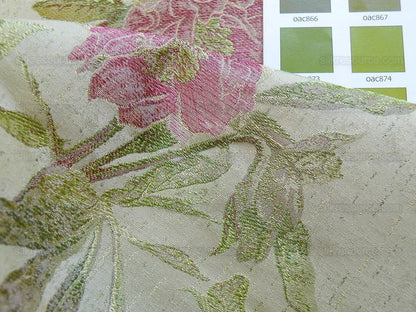 by yard Heavy Silk Lampas Peony Buds In Golden Drizzle Pink Carmine