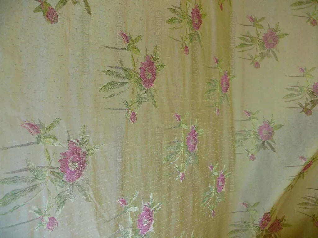 by yard Heavy Silk Lampas Peony Buds In Golden Drizzle Pink Carmine