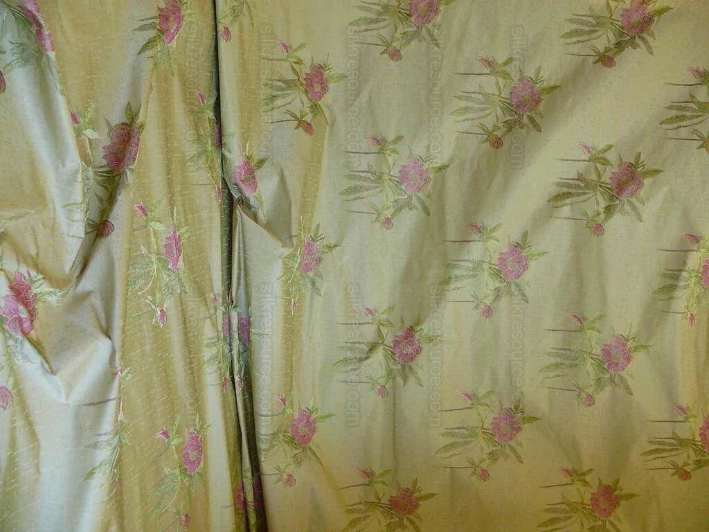 by yard Heavy Silk Lampas Peony Buds In Golden Drizzle Pink Carmine