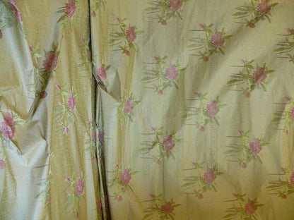 by yard Heavy Silk Lampas Peony Buds In Golden Drizzle Pink Carmine