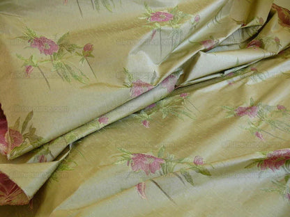 by yard Heavy Silk Lampas Peony Buds In Golden Drizzle Pink Carmine