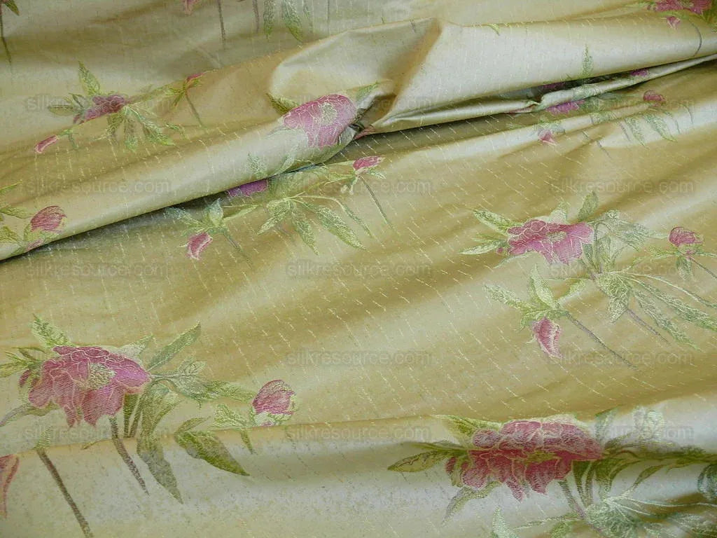 by yard Heavy Silk Lampas Peony Buds In Golden Drizzle Pink Carmine