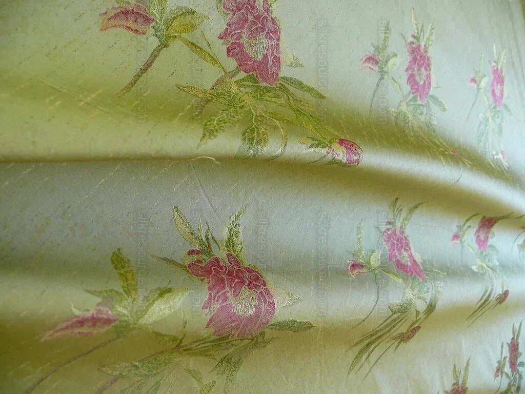 by yard Heavy Silk Lampas Peony Buds In Golden Drizzle Pink "chartreuse"
