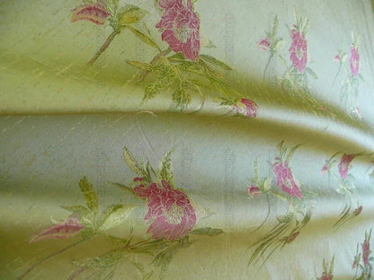 by yard Heavy Silk Lampas Peony Buds In Golden Drizzle Pink "chartreuse"