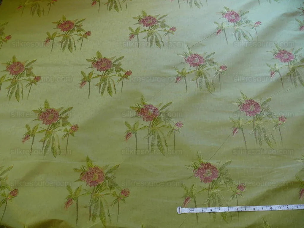 by yard Heavy Silk Lampas Peony Buds In Golden Drizzle Pink "chartreuse"
