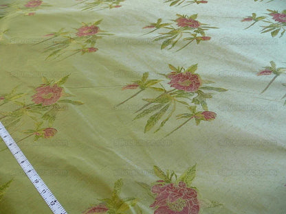by yard Heavy Silk Lampas Peony Buds In Golden Drizzle Pink "chartreuse"